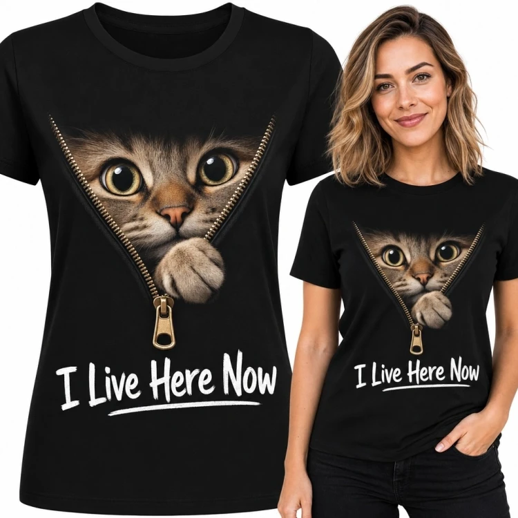 Koszulka damska z kotem wyglądającym zza graficznego zamka i napisem „I Live Here Now”