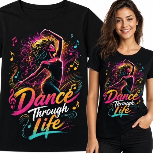Koszulka damska z neonową tancerką „Dance Through Life” - taniec i muzyka