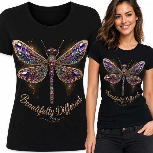 Koszulka damska z ważką „Beautifully Different” - biżuteryjny wzór