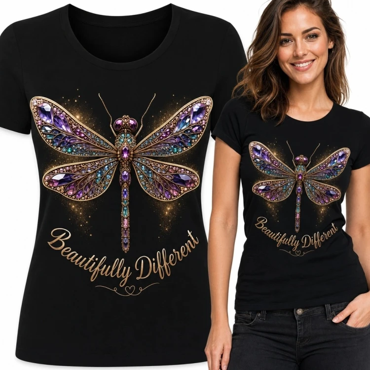 Koszulka damska z ważką „Beautifully Different” - biżuteryjny wzór