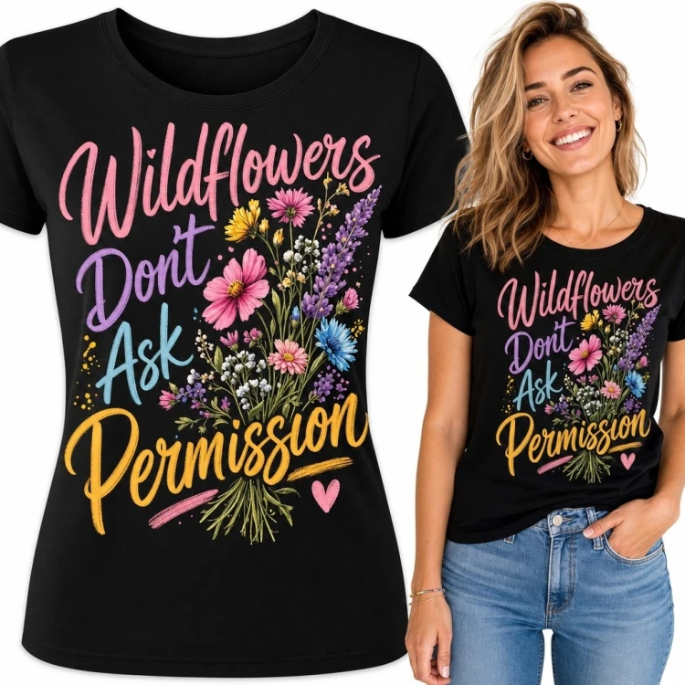 Koszulka damska z polnymi kwiatami „Wildflowers Don't Ask Permission” - kolorowy motyw niezależności