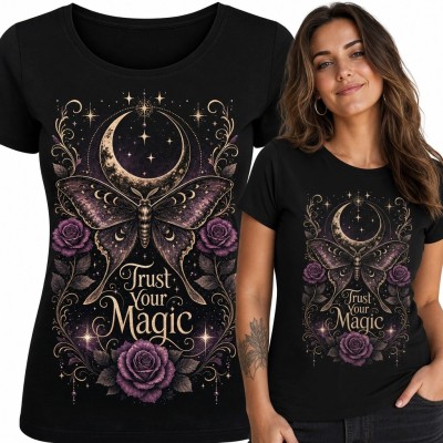 Koszulka damska z ćmą i księżycem „Trust Your Magic” - gotycki nadruk
