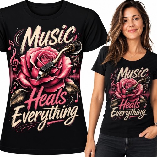 Koszulka damska muzyczna z różą „Music Heals Everything”