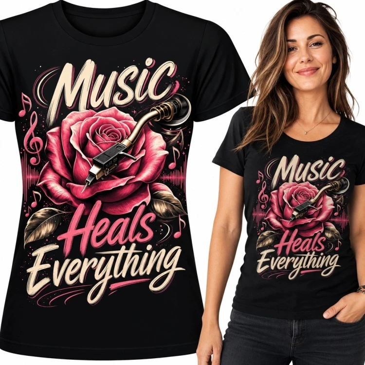 Koszulka damska muzyczna z różą „Music Heals Everything”