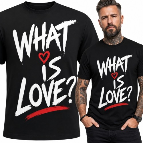 Koszulka męska z sercem i napisem „What Is Love?” - wyrazisty romantyczny nadruk
