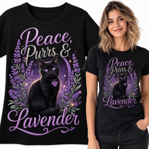 Koszulka damska z czarnym kotem i lawendą „Peace, Purrs &amp; Lavender” - fioletowy księżyc