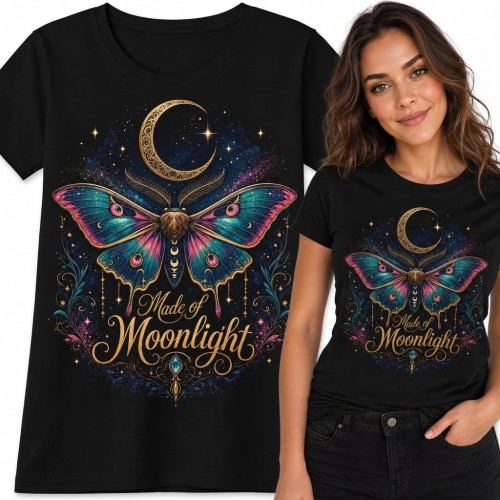 Koszulka damska z ćmą i półksiężycem „Made of Moonlight” - mistyczny wzór