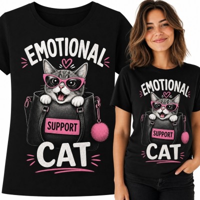 Koszulka damska z kotem w różowych okularach i torebce „Emotional Support Cat”
