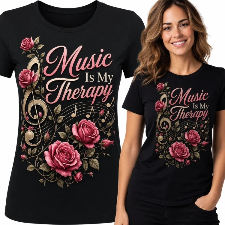 Koszulka damska z różami i nutami „Music Is My Therapy” - muzyczny nadruk