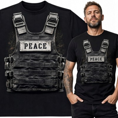 Koszulka męska z nadrukiem kamizelki taktycznej „Peace” - militarny streetwear