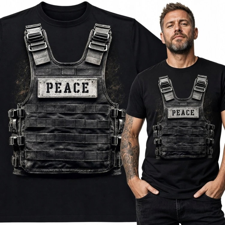 Koszulka męska z nadrukiem kamizelki taktycznej „Peace” - militarny streetwear