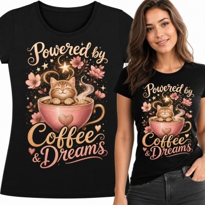 Koszulka damska z kotem w filiżance „Powered by Coffee &amp; Dreams” - dla miłośniczki kawy