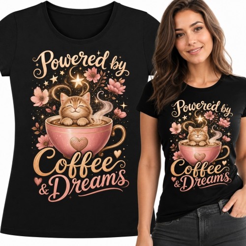 Koszulka damska z kotem w filiżance „Powered by Coffee &amp; Dreams” - dla miłośniczki kawy