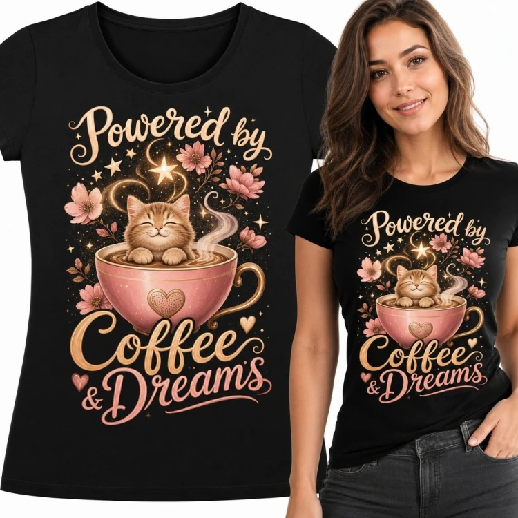 Koszulka damska z kotem w filiżance „Powered by Coffee &amp; Dreams” - dla miłośniczki kawy