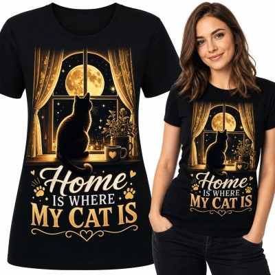 Koszulka damska z kotem i pełnią księżyca - „Home Is Where My Cat Is”