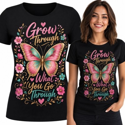 Koszulka damska z motylem i kwiatami - „Grow Through What You Go Through”