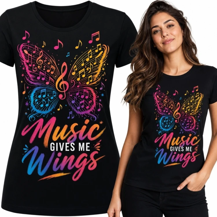 Koszulka damska z muzycznym motylem „Music Gives Me Wings” - kolorowy nadruk