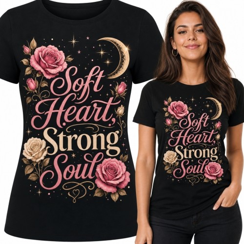 Koszulka damska „Soft Heart, Strong Soul” z różami i półksiężycem - romantyczny wzór