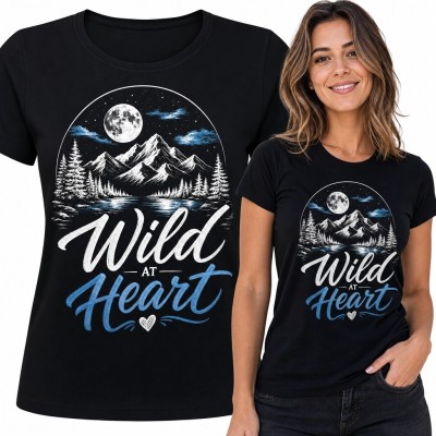 Koszulka damska z górami i księżycem „Wild at Heart” - nocny pejzaż