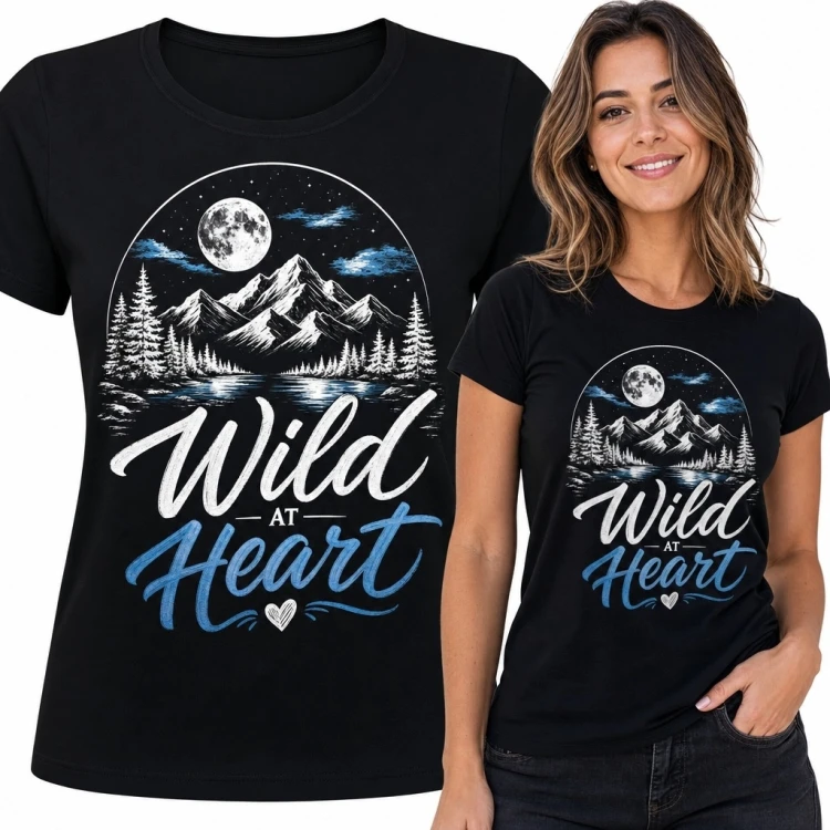 Koszulka damska z górami i księżycem „Wild at Heart” - nocny pejzaż
