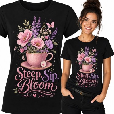 Koszulka damska z filiżanką herbaty i kwiatami „Steep, Sip, Bloom” - pastelowy nadruk