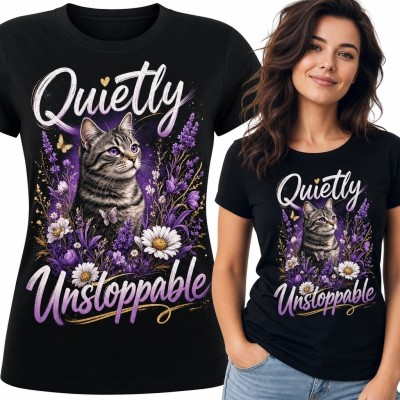 Koszulka damska z kotem i kwiatami „Quietly Unstoppable” - motywacyjny nadruk