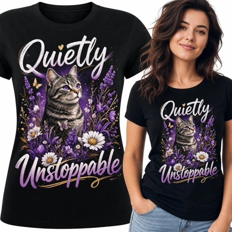 Koszulka damska z kotem i kwiatami „Quietly Unstoppable” - motywacyjny nadruk