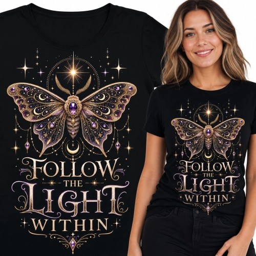 Koszulka damska z ćmą i księżycami „Follow the Light Within” - mistyczny wzór