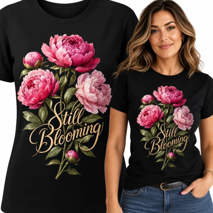 Koszulka damska z piwoniami i napisem „Still Blooming” - czarna