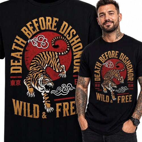 Koszulka męska z japońskim tygrysem „Death Before Dishonor” - vintage