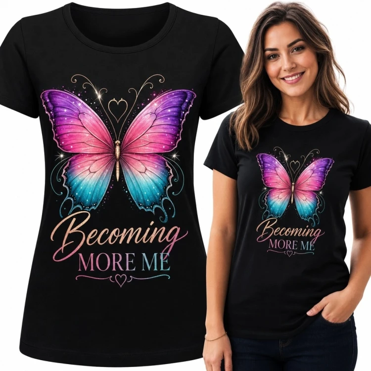 Koszulka damska z kolorowym motylem i napisem „Becoming More Me” - afirmacyjny wzór