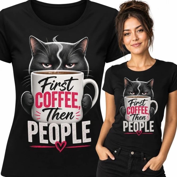 Koszulka damska z kotem i kawą „First Coffee Then People” - poranny humor