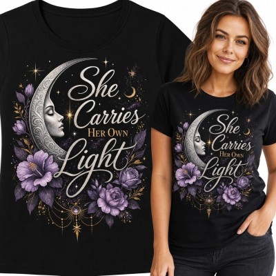 Koszulka damska z księżycem i kwiatami „She Carries Her Own Light”