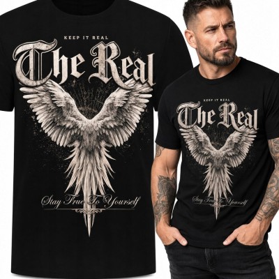 Koszulka męska z gotyckim ptakiem i napisem „The Real” - rockowy wzór