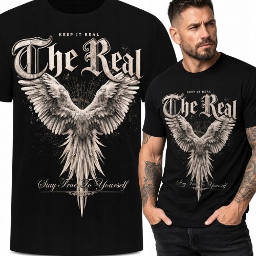 Koszulka męska z gotyckim ptakiem i napisem „The Real” - rockowy wzór