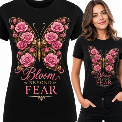 Koszulka damska z motylem z róż „Bloom Beyond Fear” - kwiatowy wzór