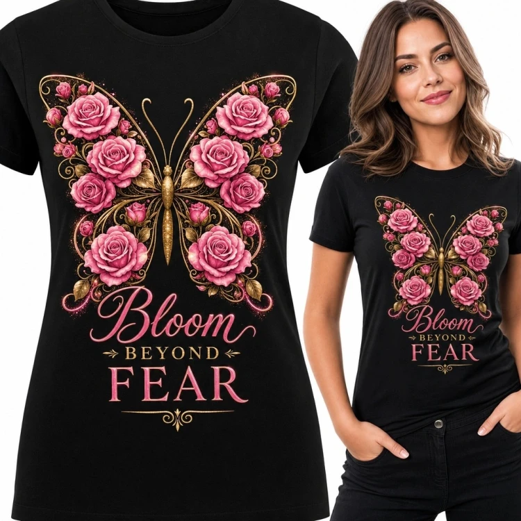 Koszulka damska z motylem z róż „Bloom Beyond Fear” - kwiatowy wzór