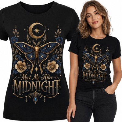 Koszulka damska z ćmą i księżycem „Meet Me After Midnight” - mroczny wzór
