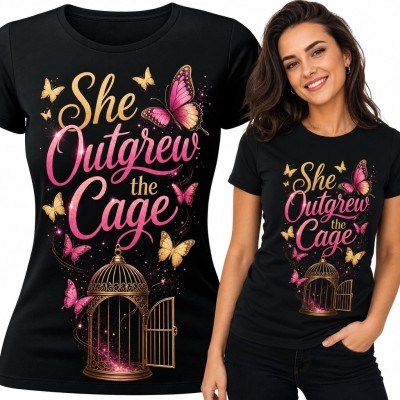 Koszulka damska z otwartą klatką i motylami „She Outgrew the Cage”