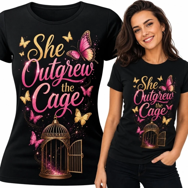 Koszulka damska z otwartą klatką i motylami „She Outgrew the Cage”
