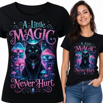 Koszulka damska z magicznym kotem „A Little Magic Never Hurt” - neonowe grzyby
