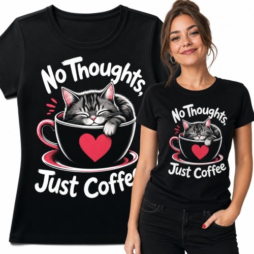 Koszulka damska z kotem i kawą „No Thoughts; Just Coffee” - czarna