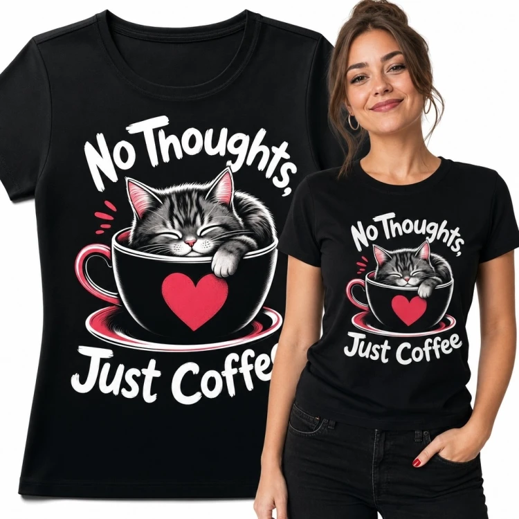 Koszulka damska z kotem i kawą „No Thoughts; Just Coffee” - czarna