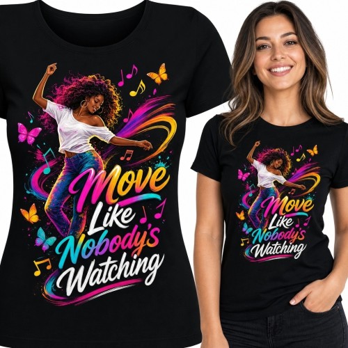 Koszulka damska z tancerką i napisem „Move Like Nobody's Watching” - neonowy motyw tańca