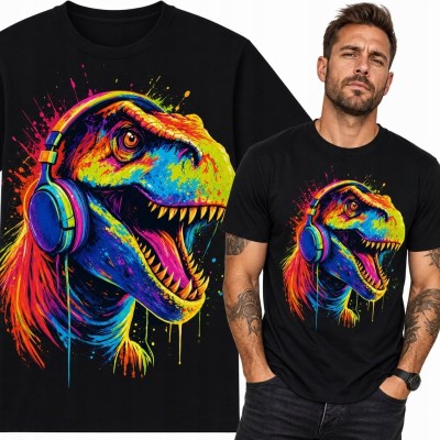 Koszulka męska z neonowym T-Rexem w słuchawkach - muzyczny street art