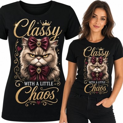 Koszulka damska z naburmuszonym kotem „Classy with a little Chaos” - glamour z humorem