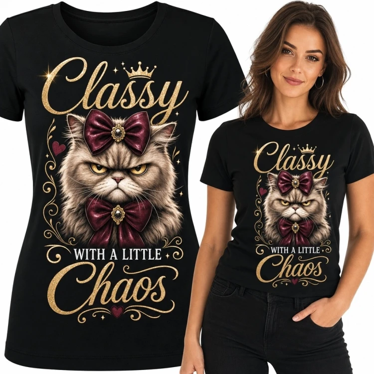 Koszulka damska z naburmuszonym kotem „Classy with a little Chaos” - glamour z humorem