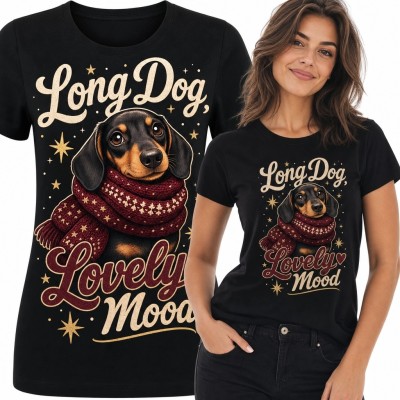 Koszulka damska z jamnikiem i napisem „Long Dog Lovely Mood” - styl retro