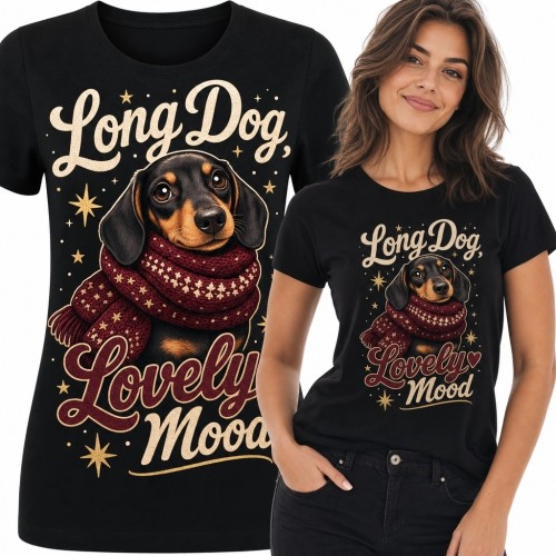 Koszulka damska z jamnikiem i napisem „Long Dog Lovely Mood” - styl retro