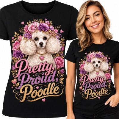 Koszulka damska z pudlem i różami „Pretty Proud Poodle” - kwiatowy wzór